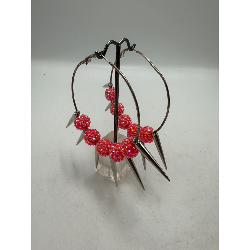 Pink Disco Ball Spike Hoop Earrings Silver Tone Punk Rock Statement Jewelry